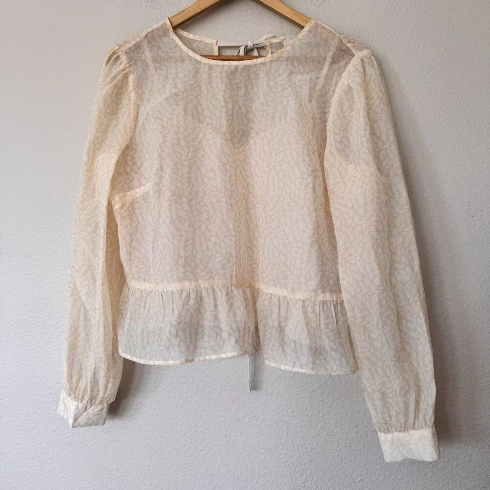 LOFT Sheer Cream Long-Sleeve Peplum Blouse